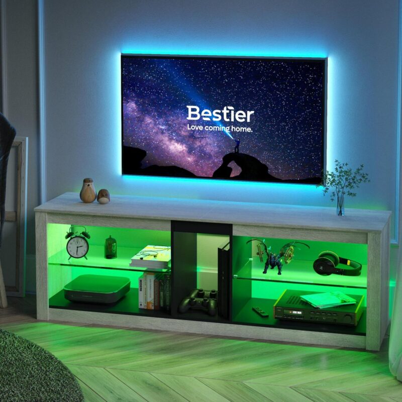 Bestier Entertainment Center with LED Lights TV Stand Media Console Table for TVs up to 60  in Light Grey