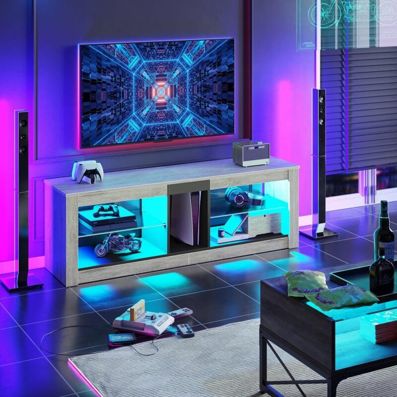 Bestier Entertainment Center with LED Lights TV Stand Media Console Table for TVs up to 60  in Light Grey - Image 5