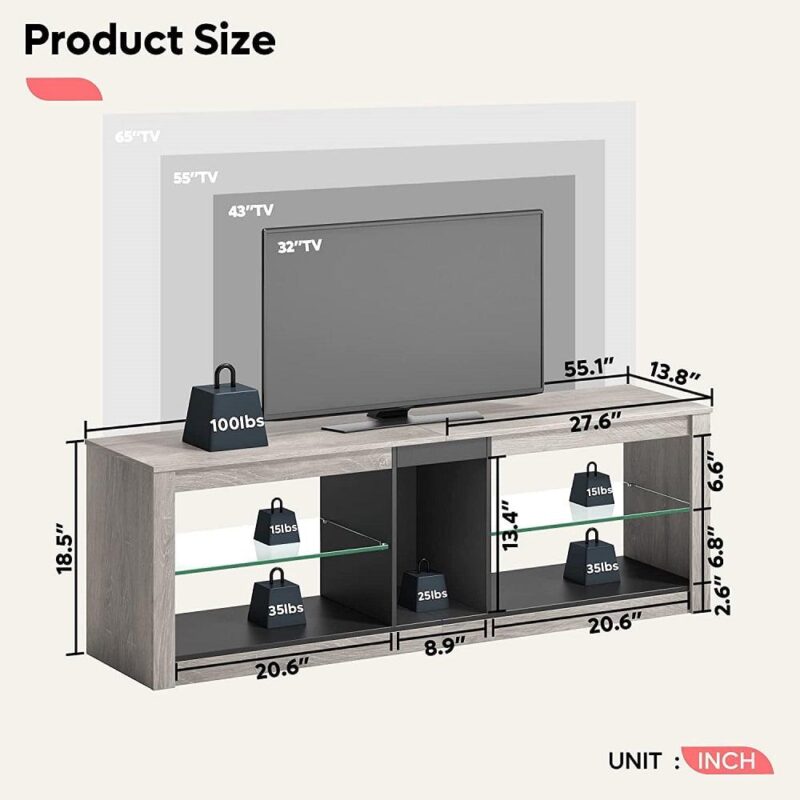 Bestier Entertainment Center with LED Lights TV Stand Media Console Table for TVs up to 60  in Light Grey - Image 3