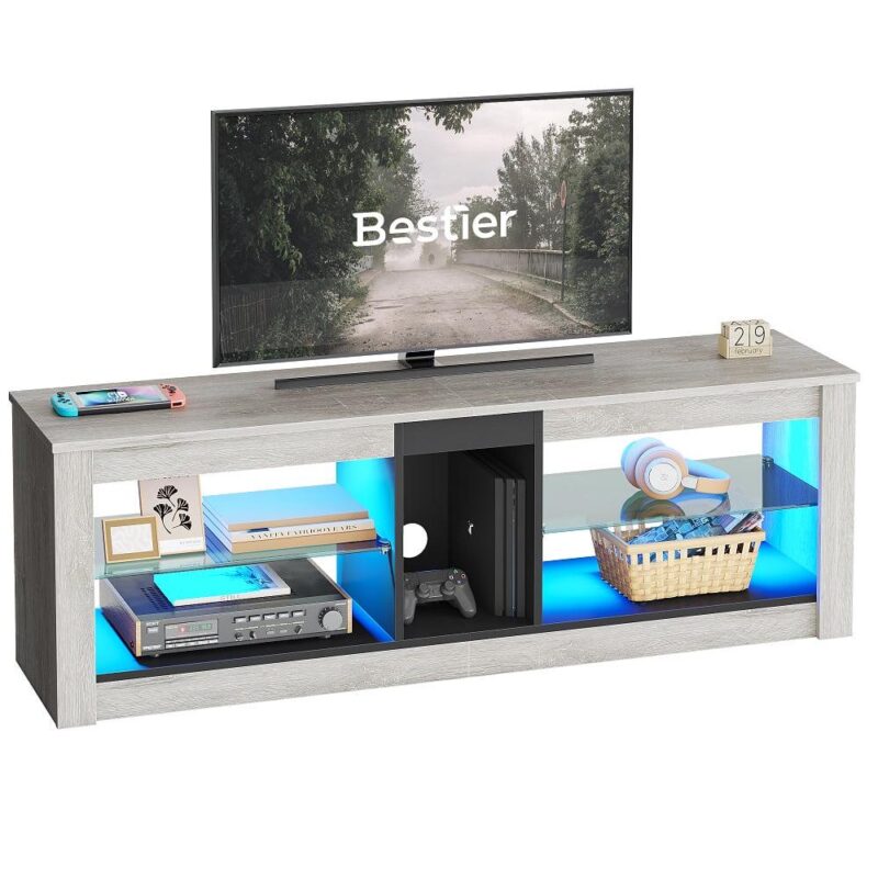 Bestier Entertainment Center with LED Lights TV Stand Media Console Table for TVs up to 60  in Light Grey - Image 9