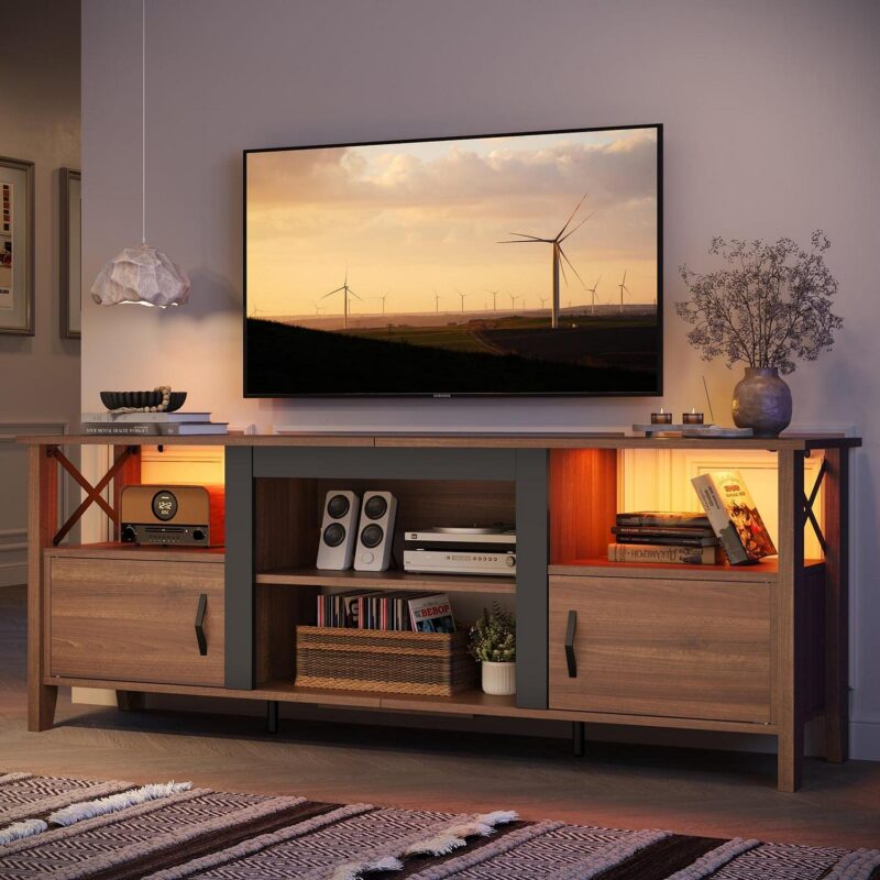 Bestier Farmhouse LED TV Stand for TVs up to 70  Entertainment Center with Cabinet in Ancona Walnut - Image 7