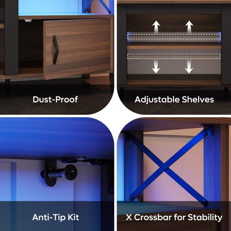 Bestier Farmhouse LED TV Stand for TVs up to 70  Entertainment Center with Cabinet in Ancona Walnut - Image 4