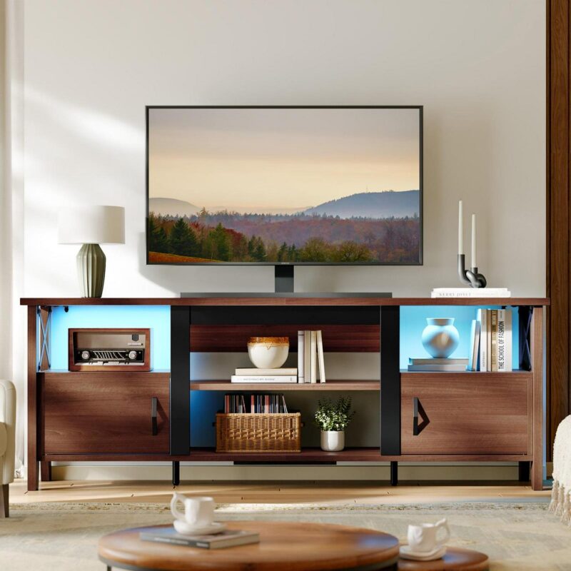 Bestier Farmhouse LED TV Stand for TVs up to 70  Entertainment Center with Cabinet in Ancona Walnut - Image 5