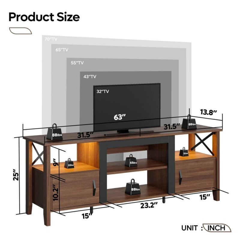 Bestier Farmhouse LED TV Stand for TVs up to 70  Entertainment Center with Cabinet in Ancona Walnut - Image 3