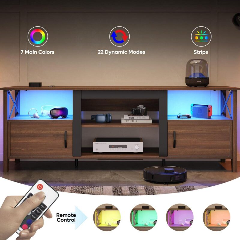 Bestier Farmhouse LED TV Stand for TVs up to 70  Entertainment Center with Cabinet in Ancona Walnut - Image 2