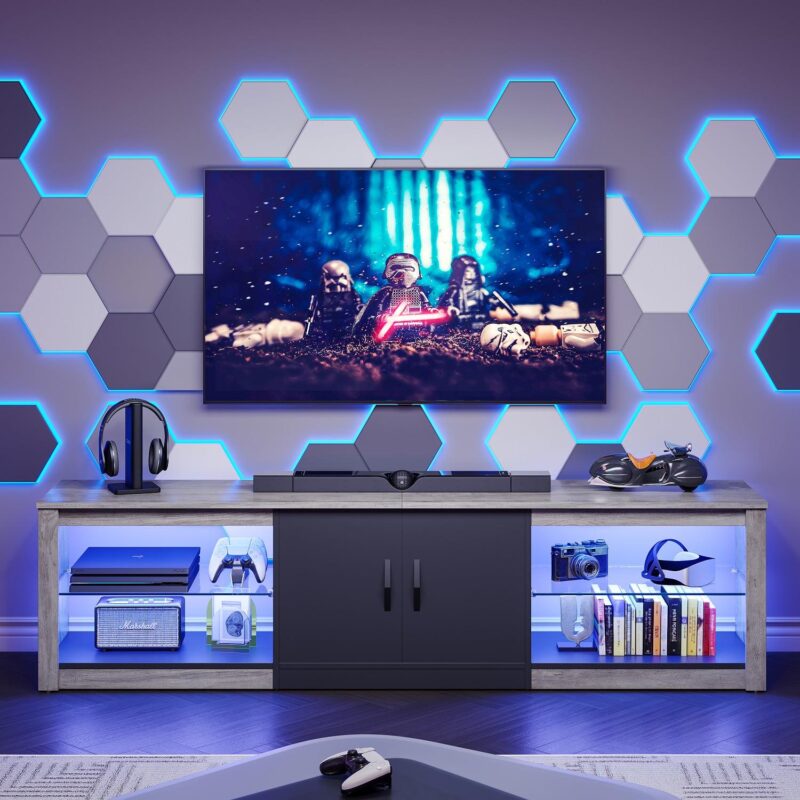 Bestier LED TV Stand for TVs up to 75  Entertainment Center for Living Room Wash Grey - Image 7