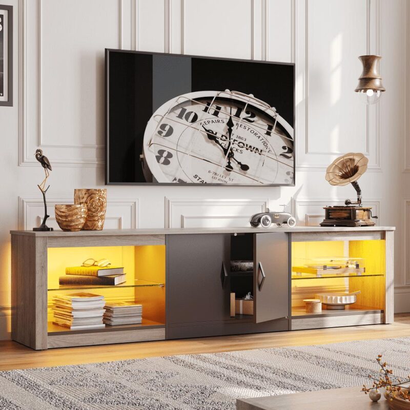 Bestier LED TV Stand for TVs up to 75  Entertainment Center for Living Room Wash Grey - Image 4