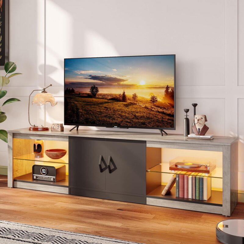 Bestier LED TV Stand for TVs up to 75  Entertainment Center for Living Room Wash Grey - Image 5