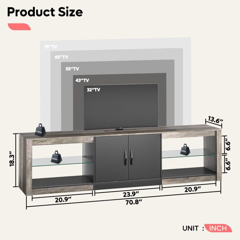 Bestier LED TV Stand for TVs up to 75  Entertainment Center for Living Room Wash Grey - Image 6