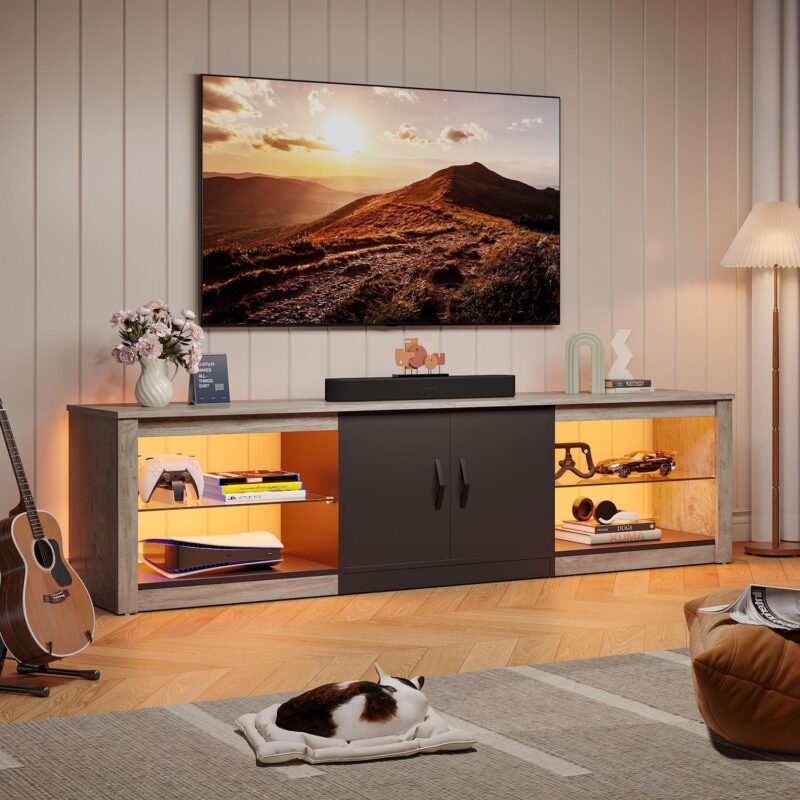 Bestier LED TV Stand for TVs up to 75  Entertainment Center for Living Room Wash Grey