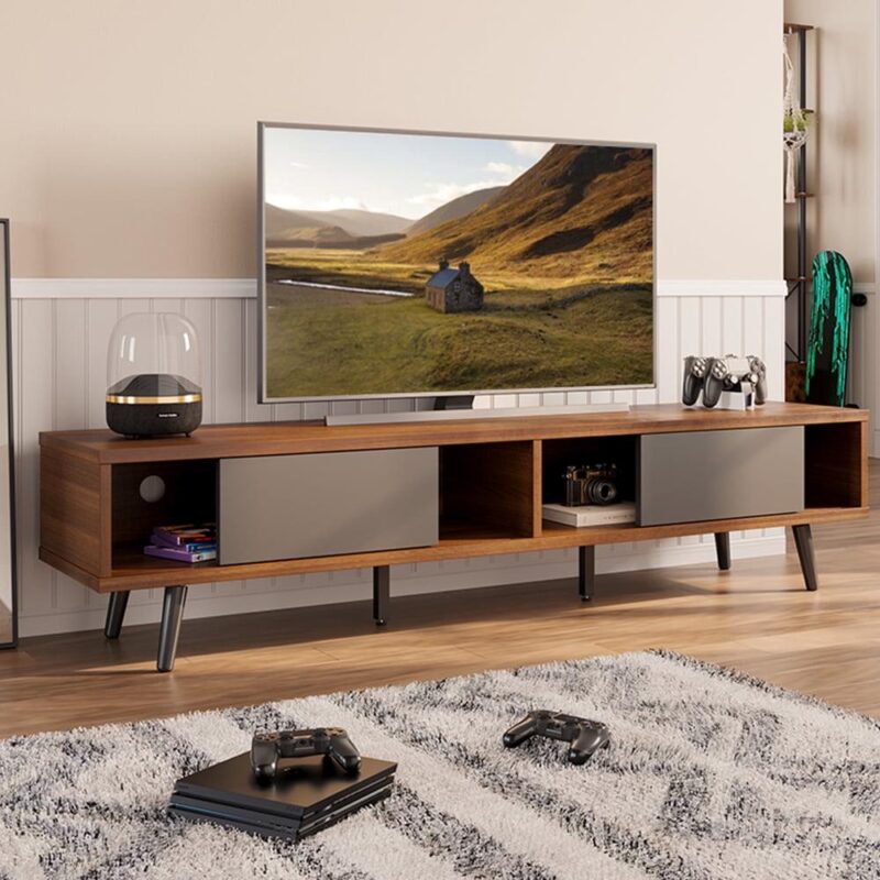 Bestier Mid Century Modern TV Stand for TVs up to 75  with Storage Entertainment Center in Walnut