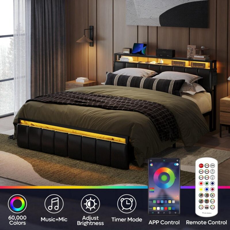 Bestier Queen Size Platform Bed Frame with PU Leather Storage Headboard, Led Lights Charging Station, 2 Dust-proof Drawers, Black - Image 3