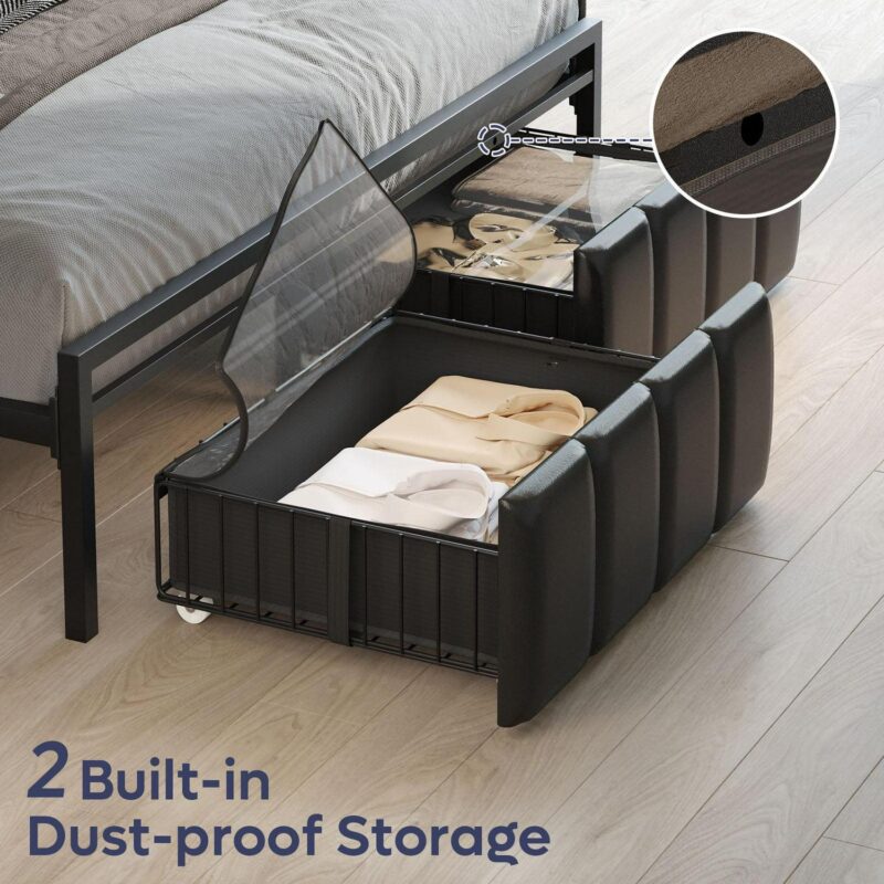 Bestier Queen Size Platform Bed Frame with PU Leather Storage Headboard, Led Lights Charging Station, 2 Dust-proof Drawers, Black - Image 2