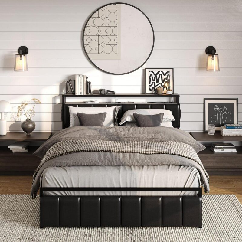Bestier Queen Size Platform Bed Frame with PU Leather Storage Headboard, Led Lights Charging Station, 2 Dust-proof Drawers, Black - Image 8