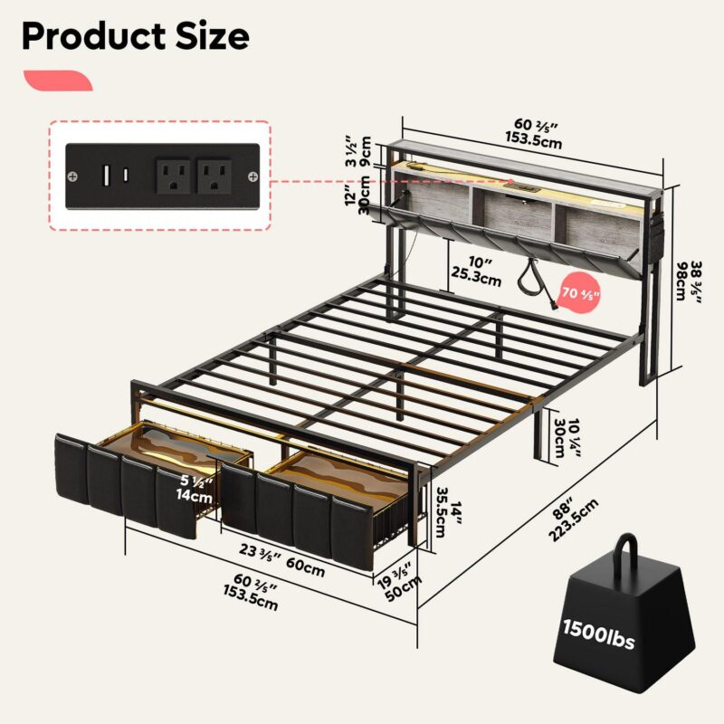 Bestier Queen Size Platform Bed Frame with PU Leather Storage Headboard, Led Lights Charging Station, 2 Dust-proof Drawers, Black - Image 9