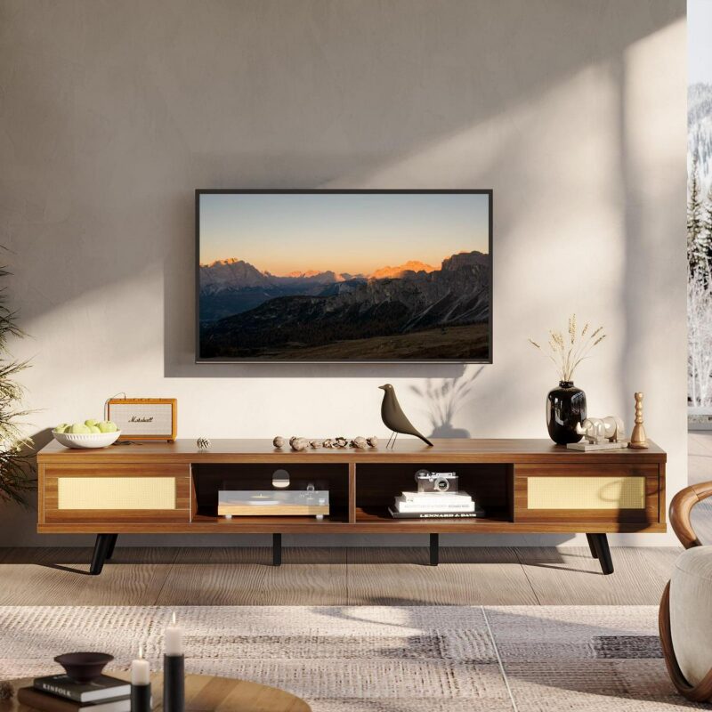 Bestier Rattan TV Stand for TVs up to 75 , Mid Century Modern TV Stand with Sliding Doors, Entertainment Center for Living Room in Walnut - Image 6