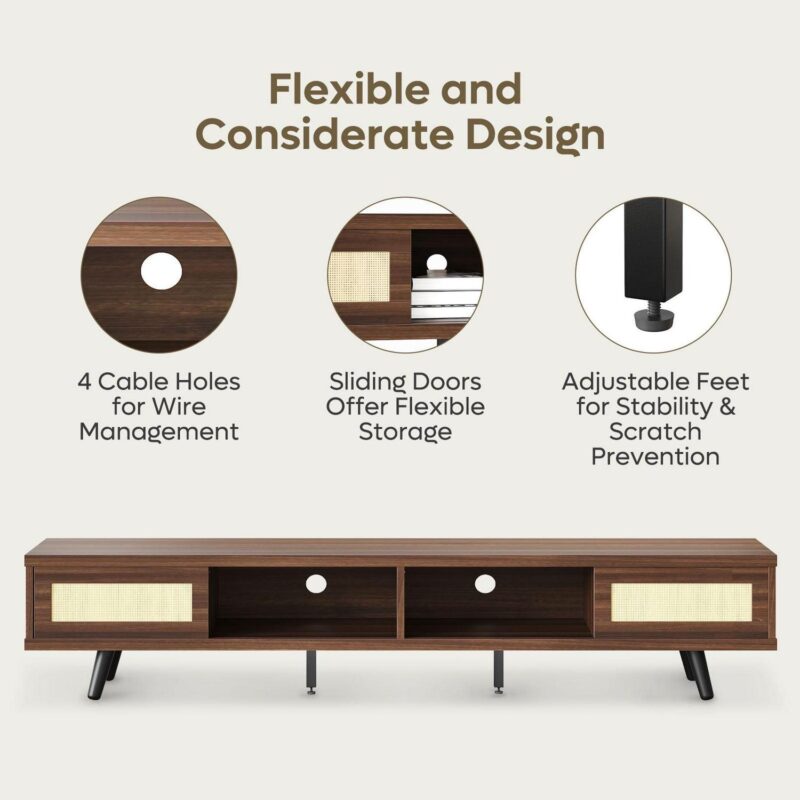 Bestier Rattan TV Stand for TVs up to 75 , Mid Century Modern TV Stand with Sliding Doors, Entertainment Center for Living Room in Walnut - Image 4