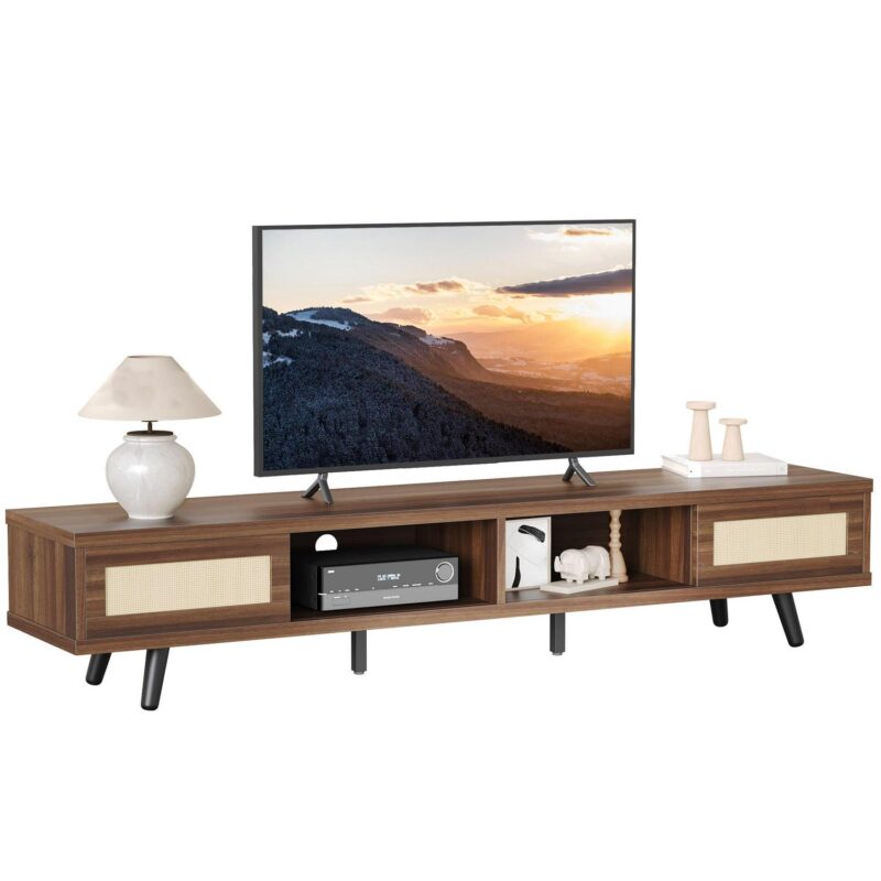 Bestier Rattan TV Stand for TVs up to 75 , Mid Century Modern TV Stand with Sliding Doors, Entertainment Center for Living Room in Walnut - Image 8