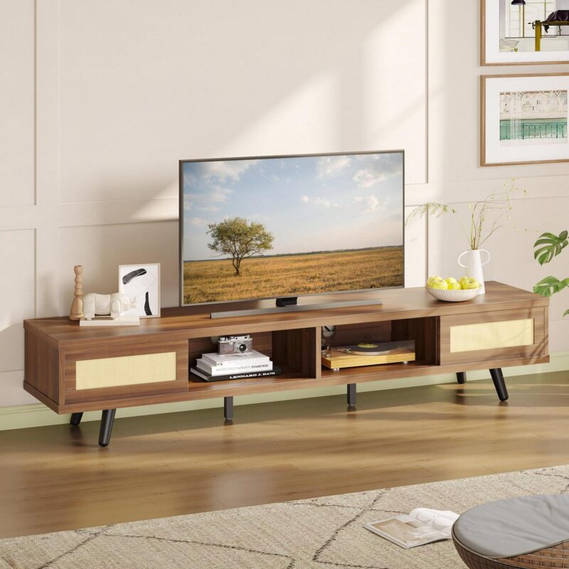 Bestier Rattan TV Stand for TVs up to 75 , Mid Century Modern TV Stand with Sliding Doors, Entertainment Center for Living Room in Walnut - Image 7