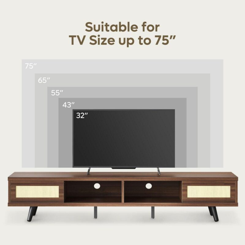 Bestier Rattan TV Stand for TVs up to 75 , Mid Century Modern TV Stand with Sliding Doors, Entertainment Center for Living Room in Walnut - Image 2