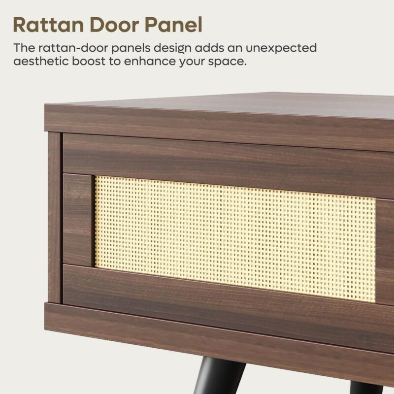 Bestier Rattan TV Stand for TVs up to 75 , Mid Century Modern TV Stand with Sliding Doors, Entertainment Center for Living Room in Walnut - Image 3