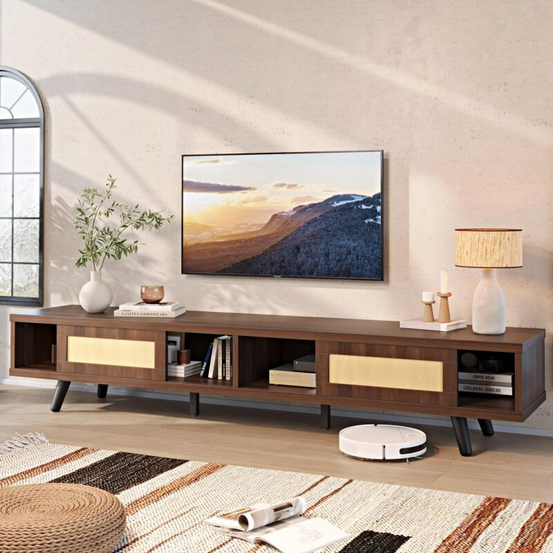 Bestier Rattan TV Stand for TVs up to 75 , Mid Century Modern TV Stand with Sliding Doors, Entertainment Center for Living Room in Walnut