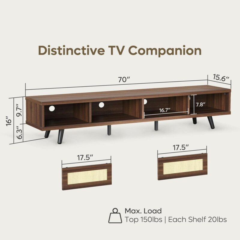 Bestier Rattan TV Stand for TVs up to 75 , Mid Century Modern TV Stand with Sliding Doors, Entertainment Center for Living Room in Walnut - Image 5