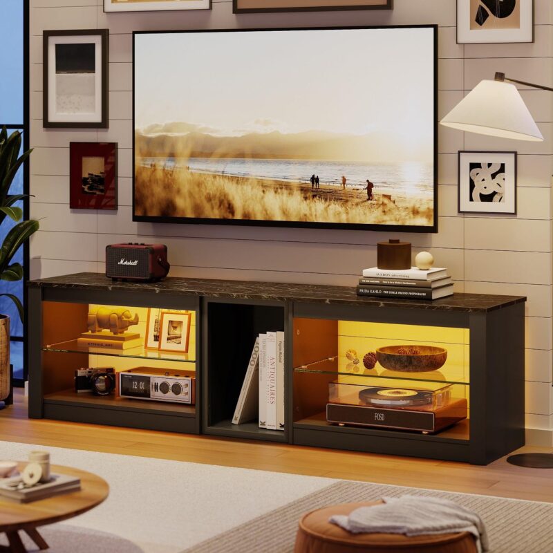 Bestier TV Stand for TVs up to 70  with LED Light, Entertainment Center for PS5 with Shelves, Black Marble - Image 4