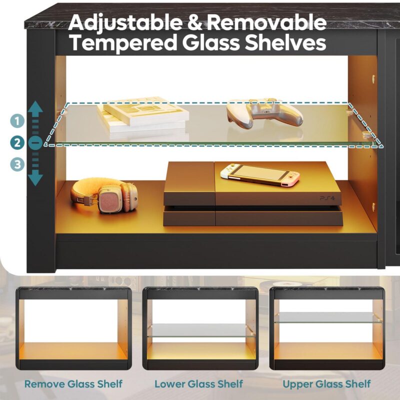 Bestier TV Stand for TVs up to 70  with LED Light, Entertainment Center for PS5 with Shelves, Black Marble - Image 3