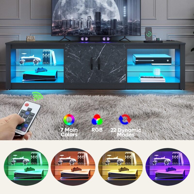 Bestier TV Stand for TVs up to 75  with LED Lights and Power Outlet, Entertainment Center with Storage Cabinet, Black Marble - Image 8