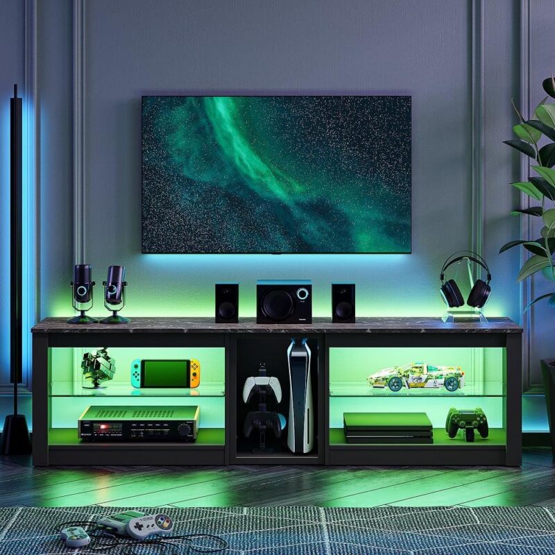 Bestier TV Stand for TVs up to 70  with LED Light, Entertainment Center for PS5 with Shelves, Black Marble