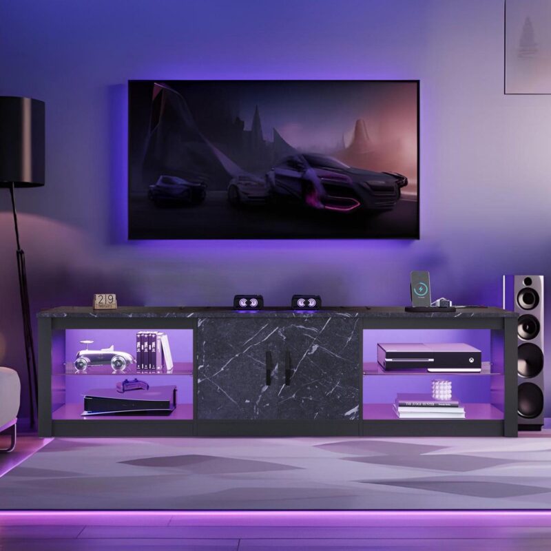Bestier TV Stand for TVs up to 75  with LED Lights and Power Outlet, Entertainment Center with Storage Cabinet, Black Marble - Image 4