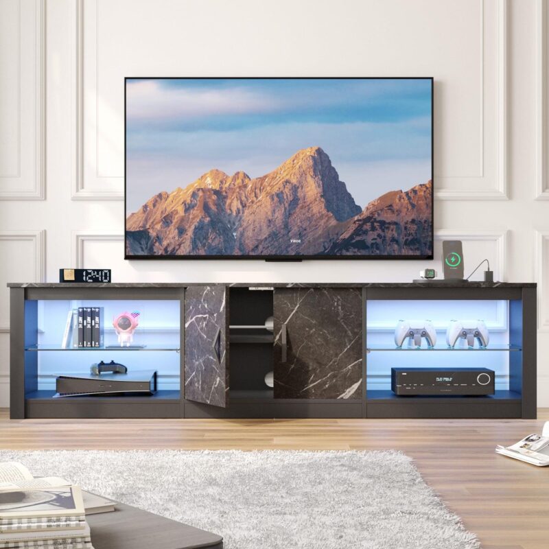 Bestier TV Stand for TVs up to 75  with LED Lights and Power Outlet, Entertainment Center with Storage Cabinet, Black Marble - Image 11