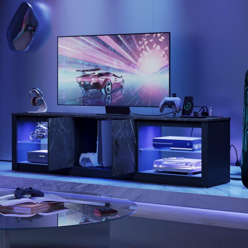 Bestier TV Stand for TVs up to 75  with LED Lights and Power Outlet, Entertainment Center with Storage Cabinet, Black Marble - Image 7