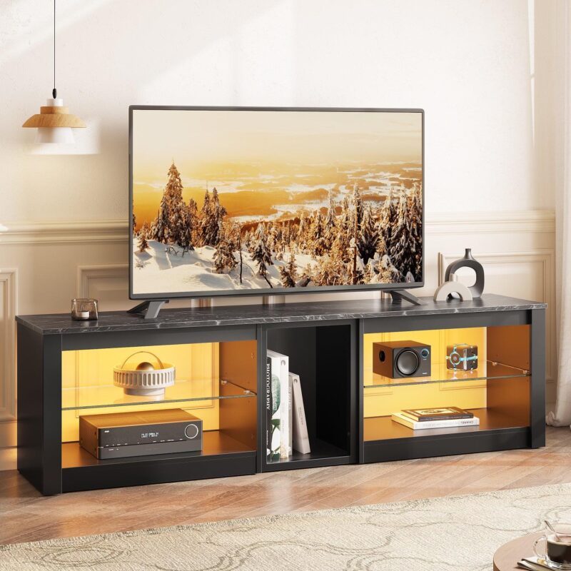 Bestier TV Stand for TVs up to 70  with LED Light, Entertainment Center for PS5 with Shelves, Black Marble - Image 5