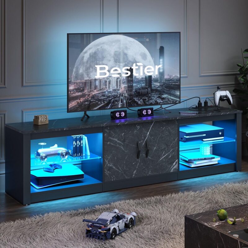 Bestier TV Stand for TVs up to 75  with LED Lights and Power Outlet, Entertainment Center with Storage Cabinet, Black Marble