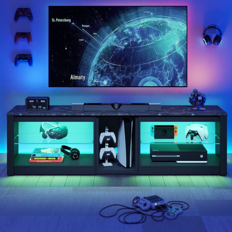 Bestier TV Stand for TVs up to 70  with LED Light, Entertainment Center for PS5 with Shelves, Black Marble - Image 7