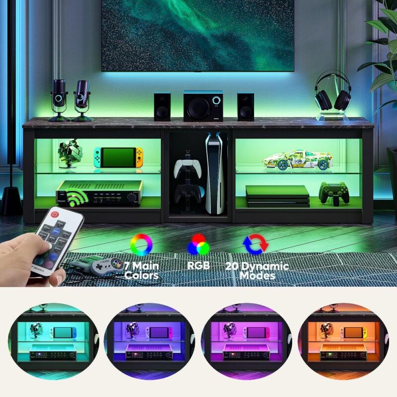 Bestier TV Stand for TVs up to 70  with LED Light, Entertainment Center for PS5 with Shelves, Black Marble - Image 9