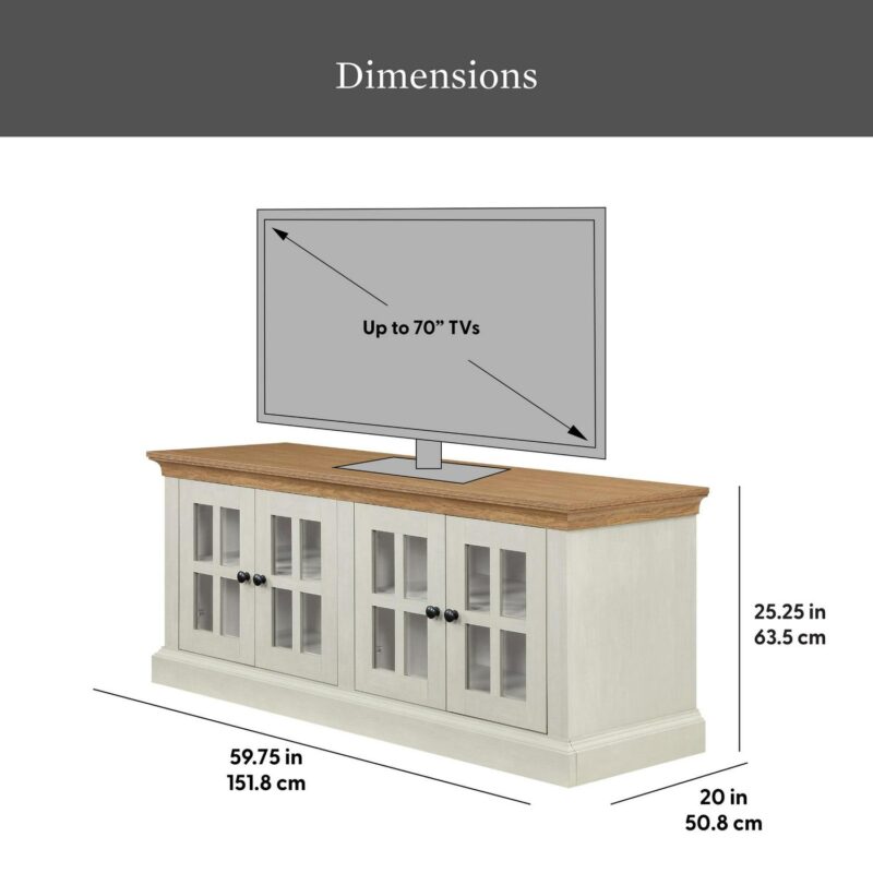 Better Homes and Gardens Canton 4- door TV Stand for TVa s up to 70a , White/Light Honey Finish - Image 3