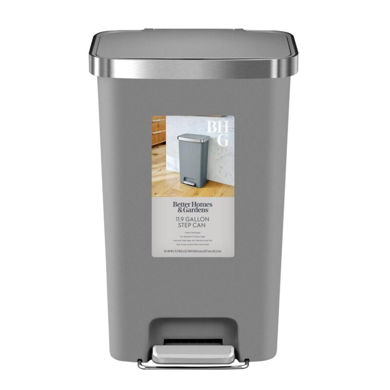 Better Homes and Gardens 11.9 Gallon Trash Can, Plastic Step-On Kitchen Trash Can, Gray - Image 5