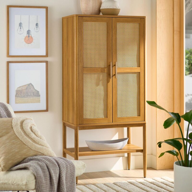 Better Homes and Gardens Springwood Caning Storage Cabinet, Light Honey Finish