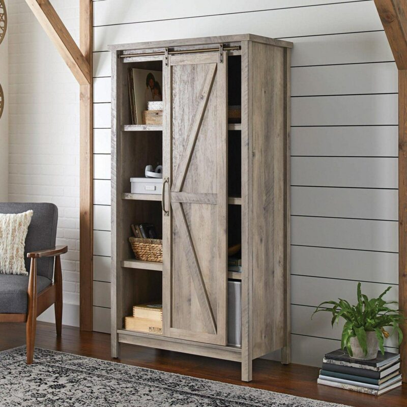 Better Homes and Gardens 66  Modern Farmhouse Bookcase Storage Cabinet, Rustic Gray Finish