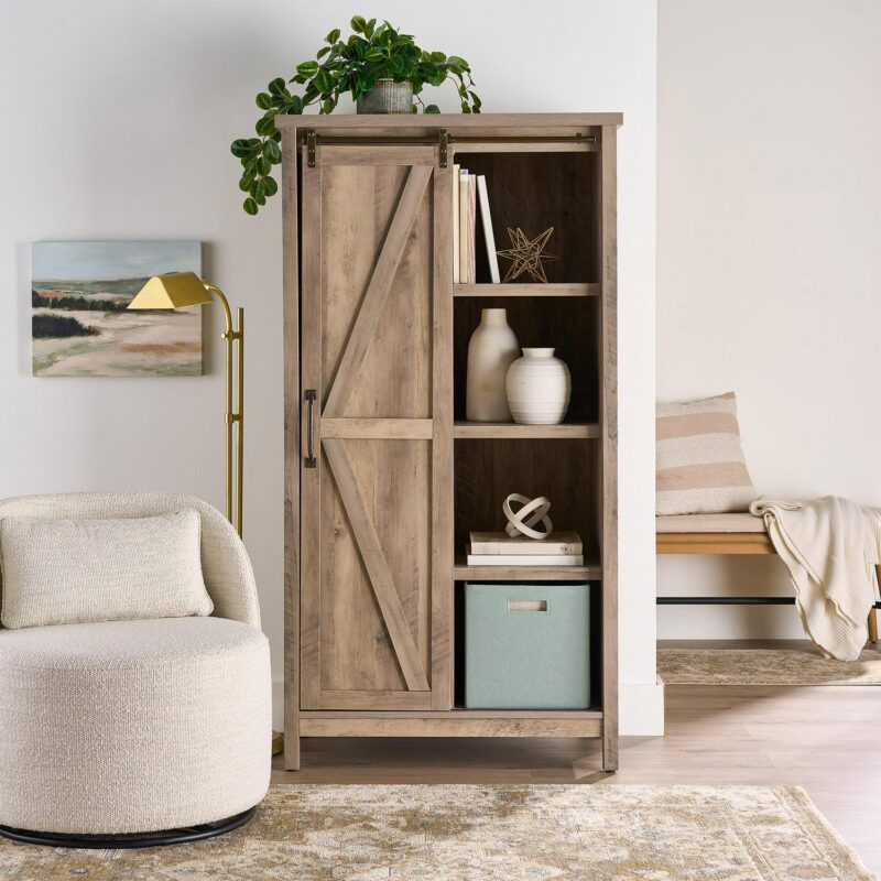 Better Homes and Gardens 66  Modern Farmhouse Bookcase Storage Cabinet, Rustic Gray Finish - Image 3