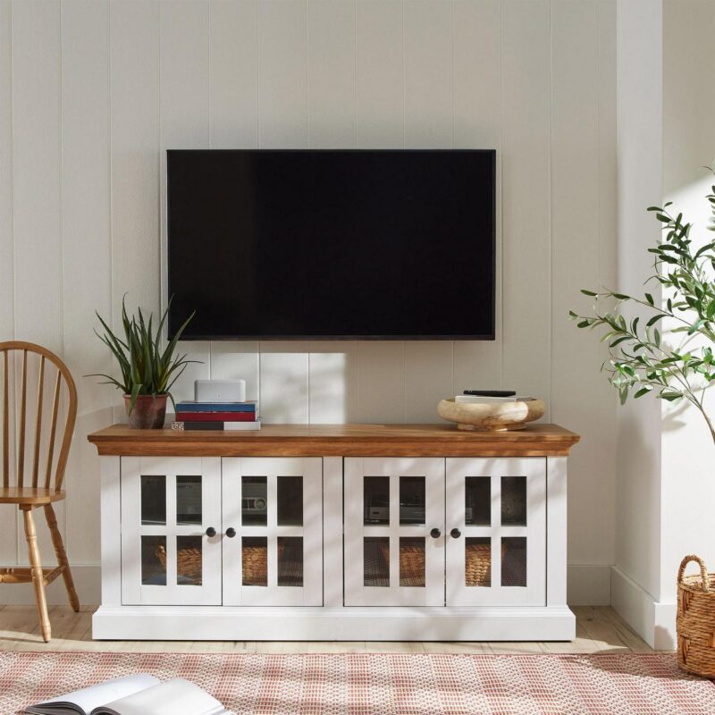 Better Homes and Gardens Canton 4- door TV Stand for TVa s up to 70a , White/Light Honey Finish