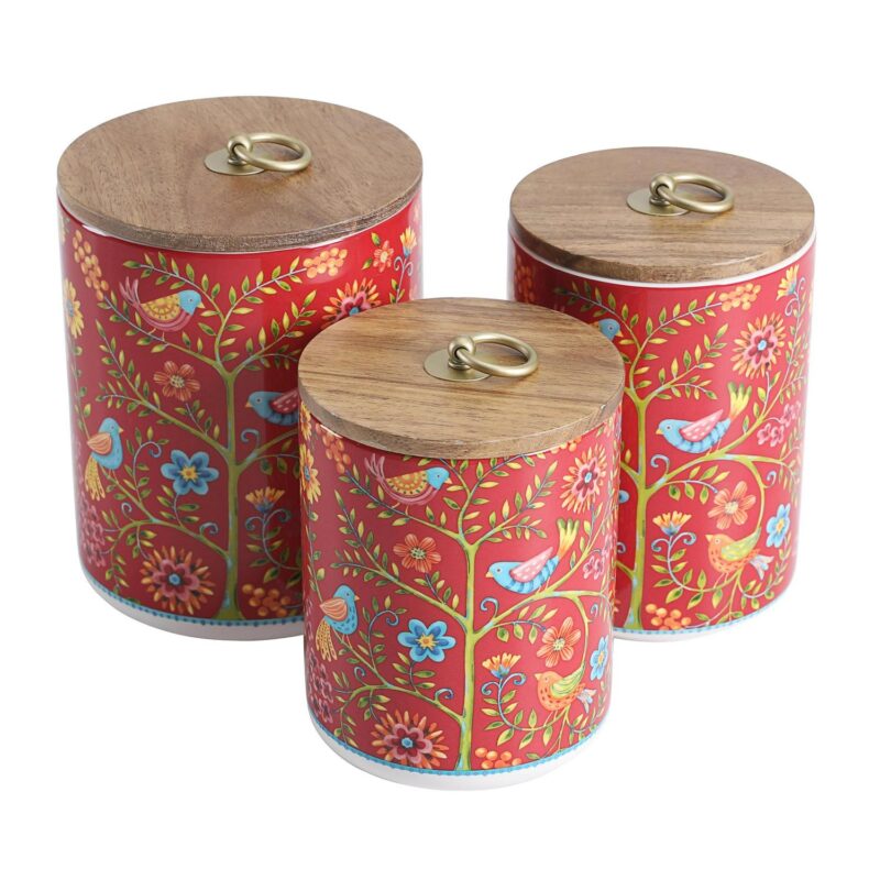 Bico Red Spring Bird Ceramic Canister Set of 3 for Kitchen Counter, 62oz, 40oz, 32oz each, with Wooden Air Tight Lid, Food Storage Jar for storing Coffee, Tea, Spice, Dishwasher Safe - Image 3