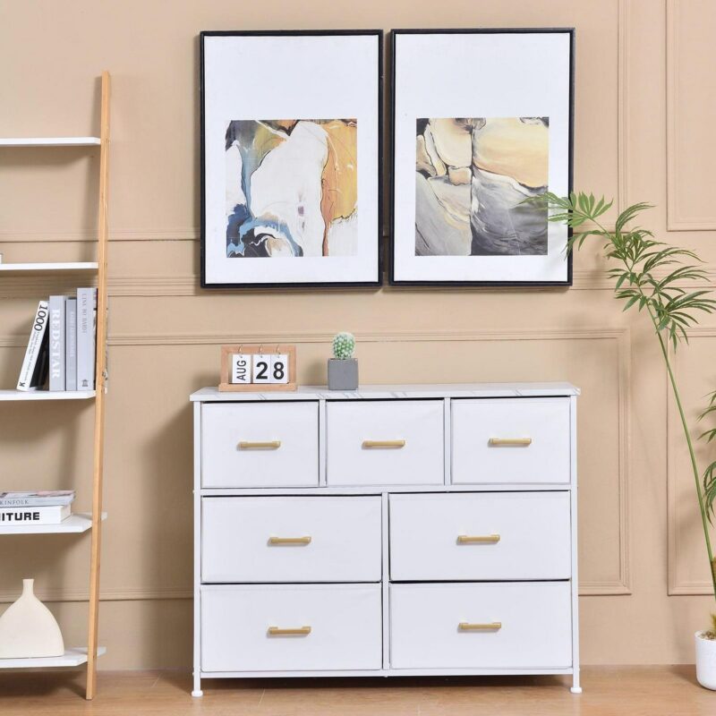 Bigroof 7 Drawer Fabric Dresser Accent White Dresser for Bedroom Chest Storage Organizer with Marbled WoodBoard and Artificial Leather for Living Room, Hallway, Entryway, Closet - Image 8