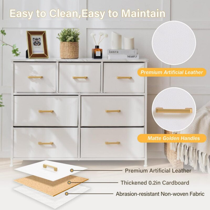 Bigroof 7 Drawer Fabric Dresser Accent White Dresser for Bedroom Chest Storage Organizer with Marbled WoodBoard and Artificial Leather for Living Room, Hallway, Entryway, Closet - Image 3