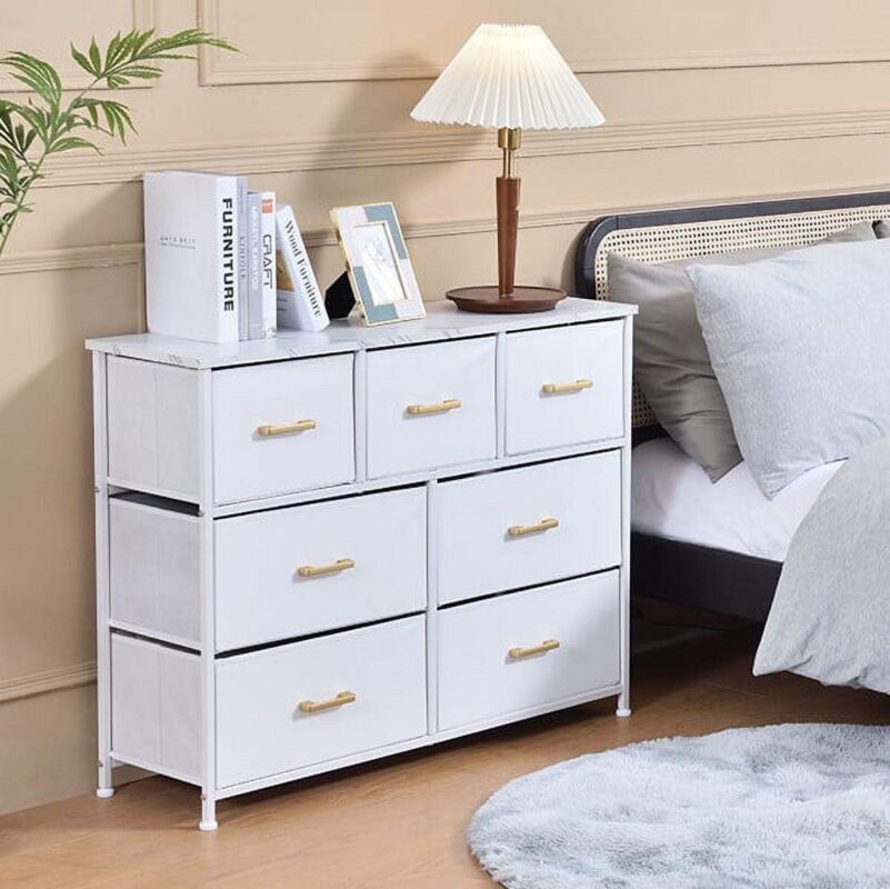 Bigroof 7 Drawer Fabric Dresser Accent White Dresser for Bedroom Chest Storage Organizer with Marbled WoodBoard and Artificial Leather for Living Room, Hallway, Entryway, Closet - Image 9