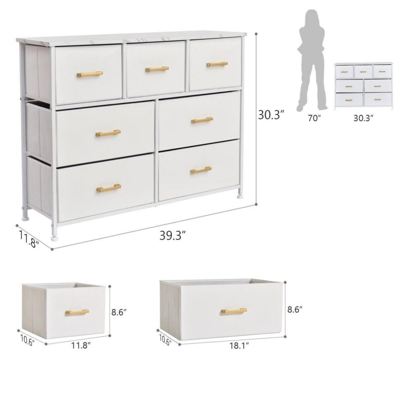 Bigroof 7 Drawer Fabric Dresser Accent White Dresser for Bedroom Chest Storage Organizer with Marbled WoodBoard and Artificial Leather for Living Room, Hallway, Entryway, Closet - Image 4