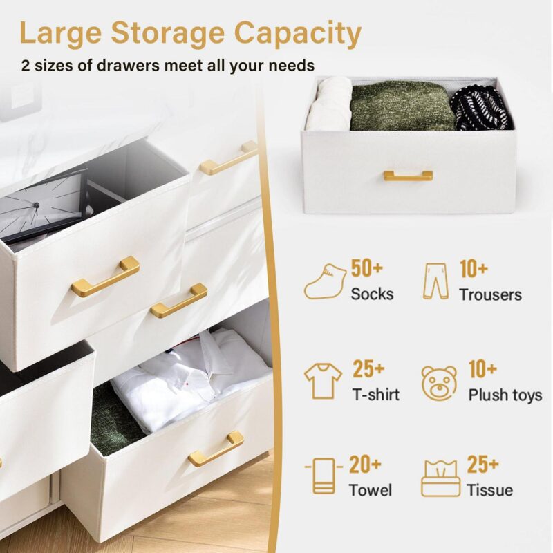 Bigroof 7 Drawer Fabric Dresser Accent White Dresser for Bedroom Chest Storage Organizer with Marbled WoodBoard and Artificial Leather for Living Room, Hallway, Entryway, Closet - Image 5